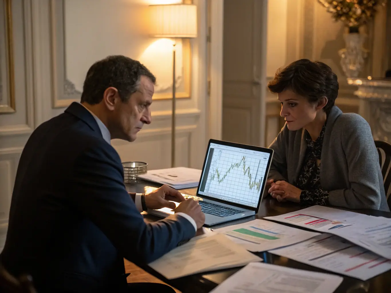 An image of a financial advisor discussing a budget plan with a client using charts and documents, emphasizing the collaborative approach to financial planning.