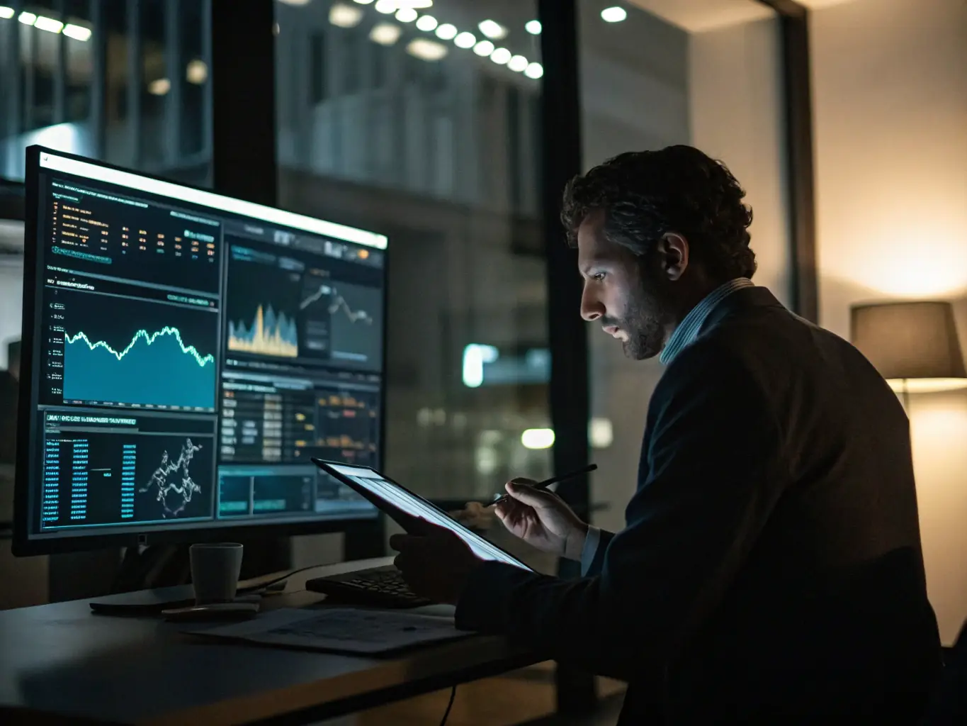 An image of a financial advisor analyzing stock market data on a computer screen with a Canadian flag in the background, highlighting the focus on Canadian investments.
