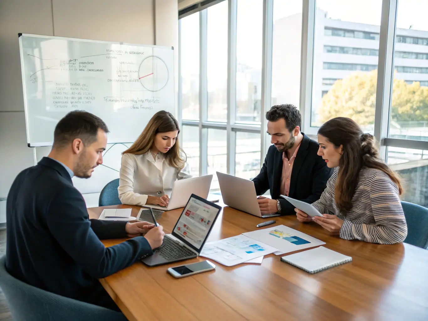 A modern office setting with a diverse team of financial advisors collaborating on client portfolios, showcasing the professional and inclusive environment of zonelight.fun.